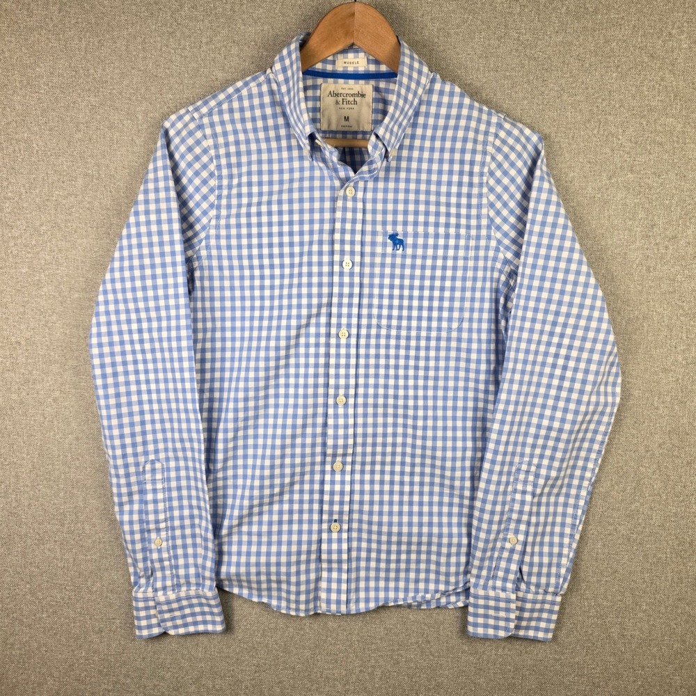 Abercrombie & Fitch Mens Muscle Fit Gingham Button Down Shirt Blue White M